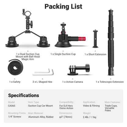 NEEWER Triple Suction Cup Car Mount for Action Cameras, CA065