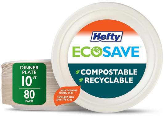 Hefty ECOSAVE Compostable Disposable Paper Plates Dinner 10", 80 Count - Available at All In One Marketplace Canada