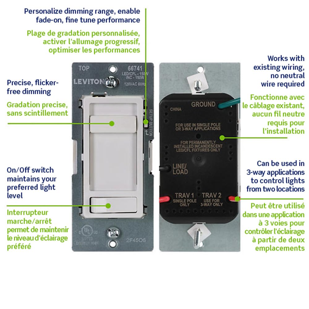 Leviton 2-Pack SureSlide Dimmer Switch for Dimmable LED, Halogen and Incandescent Lighting, 66741-2PK, Wallplates Included, White