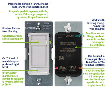 Leviton 2-Pack SureSlide Dimmer Switch for Dimmable LED, Halogen and Incandescent Lighting, 66741-2PK, Wallplates Included, White
