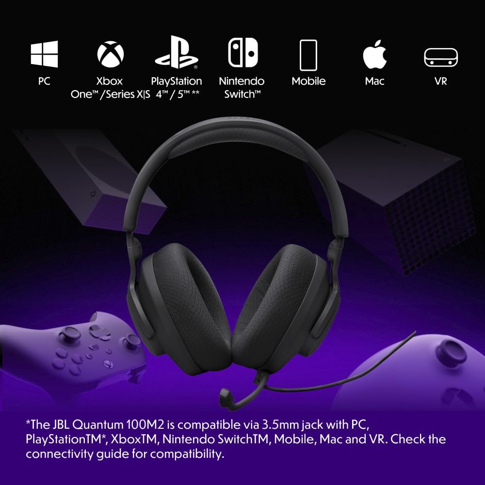 JBL Quantum 100M2 - Wired Over-Ear Gaming Headset with omnidirectional, Detachable mic with Mute Option and Fabric-Covered Memory Foam Ear Cushions, Compatible with All Platforms (Black) - Available at All In One Marketplace Canada