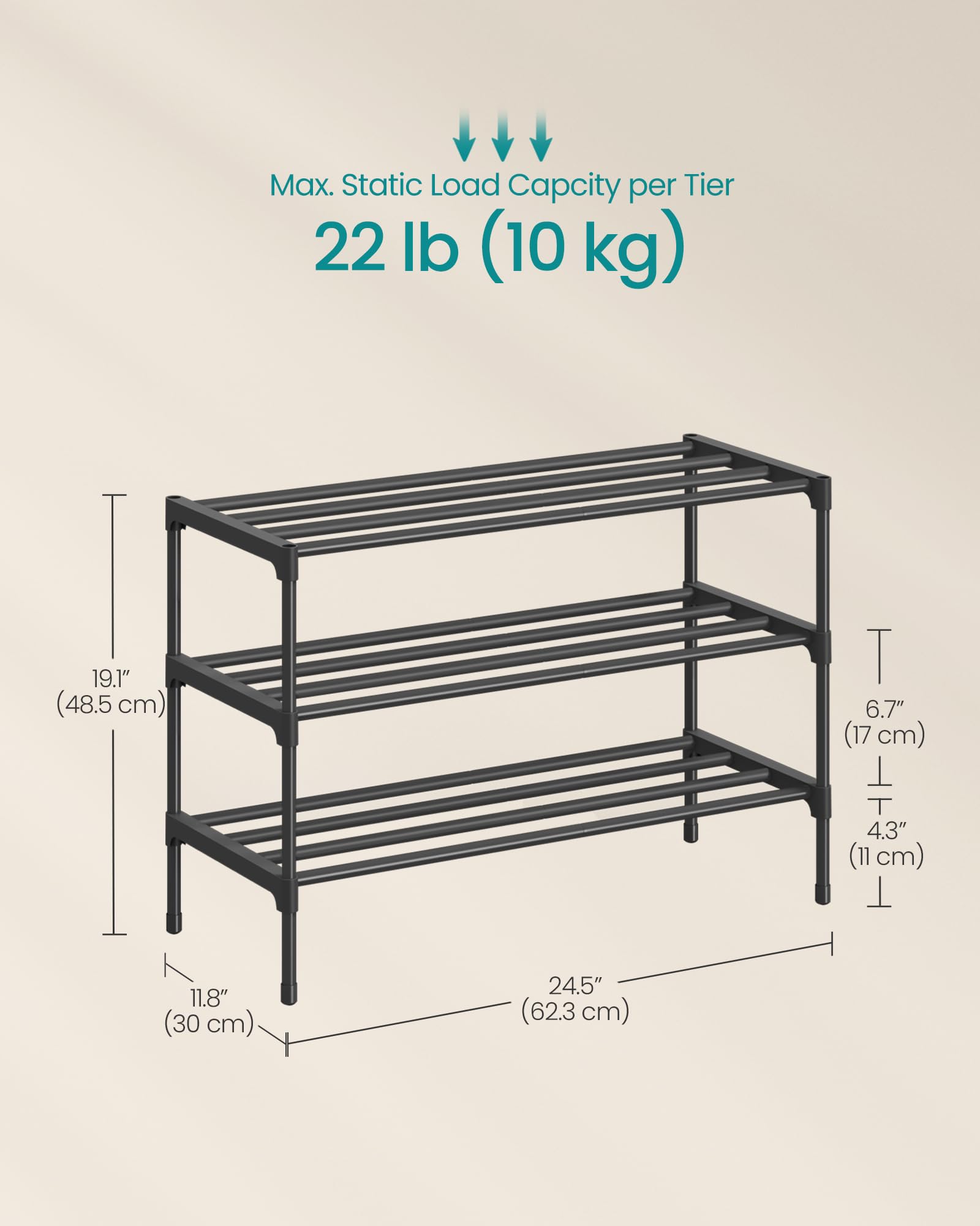 SONGMICS 3-Tier Shoe Rack for Closet, Compact Metal Shoe Organizer Shelf for Entryway, Bedroom, Small Spaces, Stackable, 11.8 x 24.5 x 19.1 Inches, Black ULSA123BH01 - Available at All In One Marketplace Canada