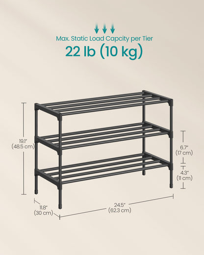 SONGMICS 3-Tier Shoe Rack for Closet, Compact Metal Shoe Organizer Shelf for Entryway, Bedroom, Small Spaces, Stackable, 11.8 x 24.5 x 19.1 Inches, Black ULSA123BH01 - Available at All In One Marketplace Canada