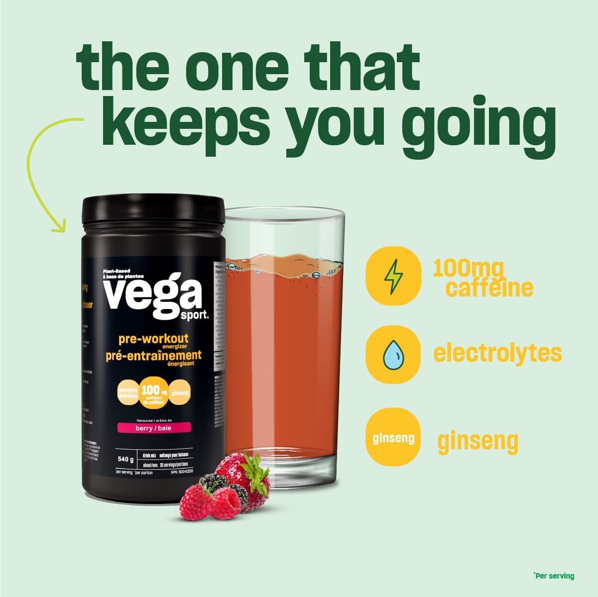 Vega Sport Pre-Workout Energizer, Berry (30 Servings) Vegan Preworkout Energy Powder, Gluten Free, 100mg Caffeine, Non GMO, 540g (Packaging May Vary) Vega