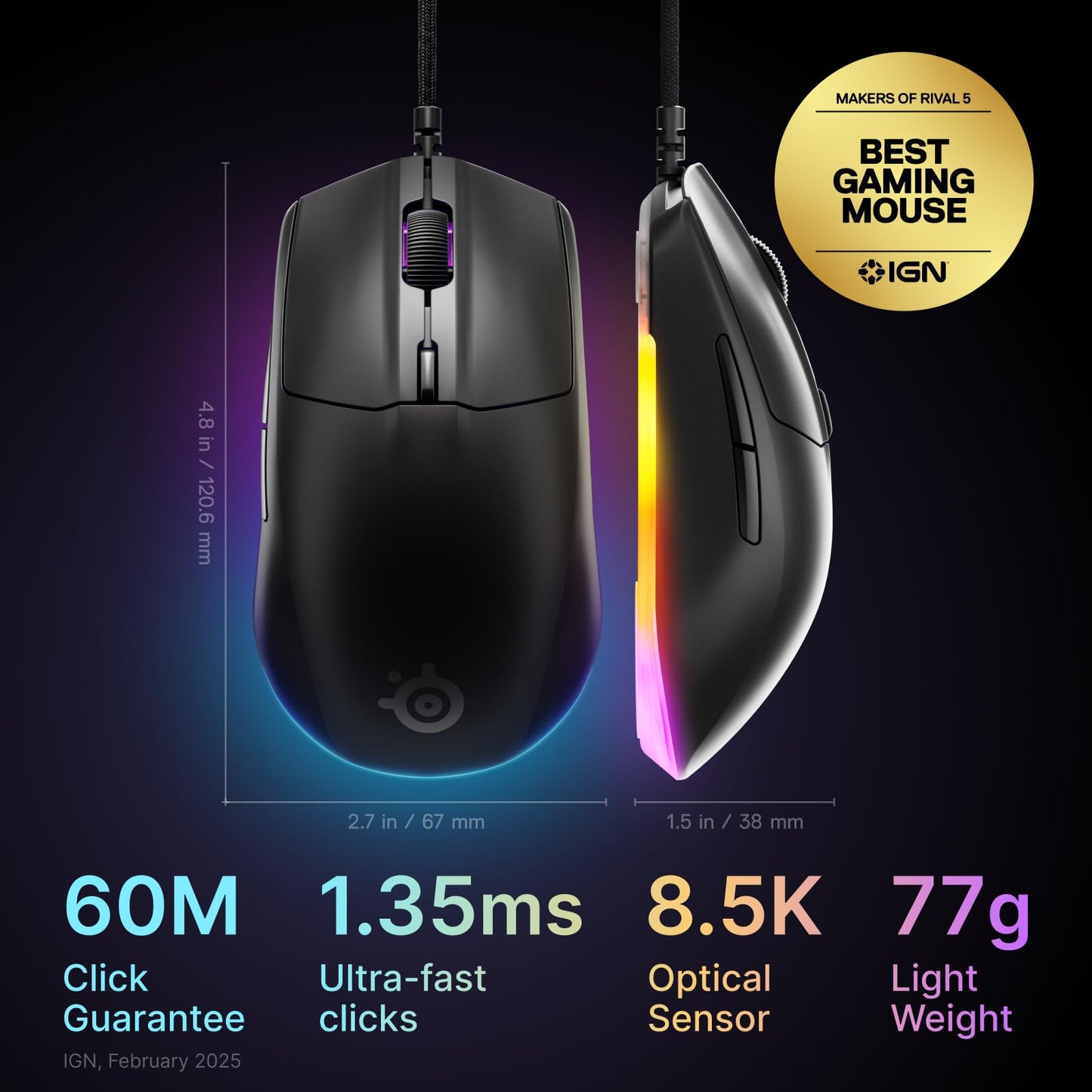 SteelSeries Rival 3 Gen 2 Gaming Mouse — 8500 DPI TrueMove Core Optical Sensor — 60 Million Click Durability — Low Latency — 77g Lightweight — 100% PTFE Feet — RGB — Black 🍁 All In One Marketplace Canada