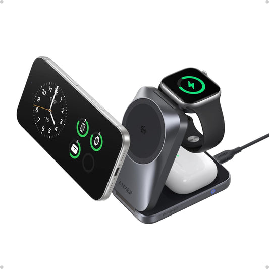 Anker Prime 3-in-1 Charging Station, AirCool Wireless Charger, 25W Qi2.2-Certified Palm-Sized Foldable MagSafe Charger Compatible with iPhone 17, Apple Watch, AirPods (Non-Battery, with Adapter)