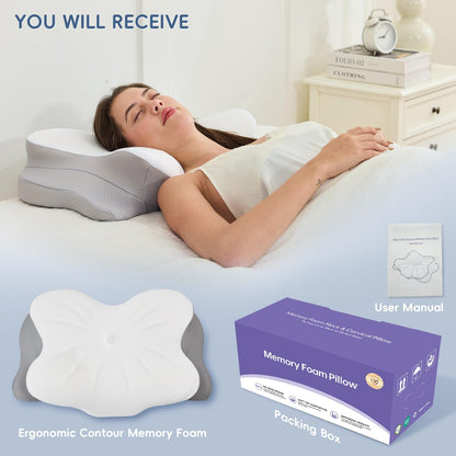 SNUGUP Ergonomic Cervical Neck Pillow, Memory Foam Neck Support Pillow with Contoured Design, Breathable Removable Pillowcase, for Side Back Stomach Sleepers, White - Available at All In One Marketplace Canada