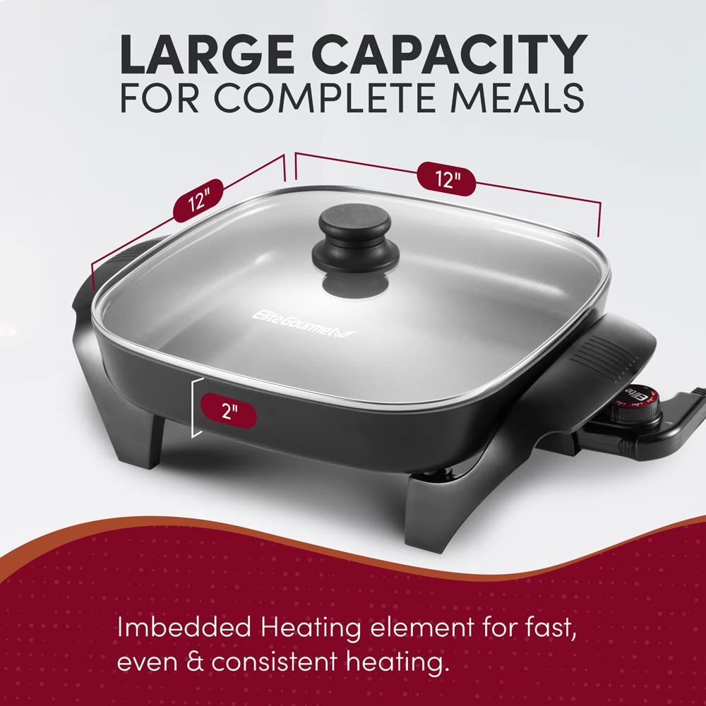 Elite Gourmet 12"x12"x2.15” Ceralast PFAS Free Ceramic Electric Skillet, Dishwasher Safe, Rapid Heat Up, 1200W, Dark Grey