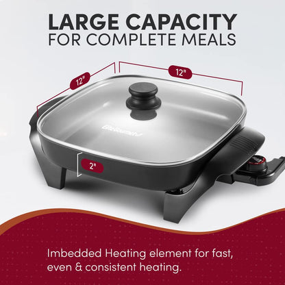Elite Gourmet 12"x12"x2.15” Ceralast PFAS Free Ceramic Electric Skillet, Dishwasher Safe, Rapid Heat Up, 1200W, Dark Grey
