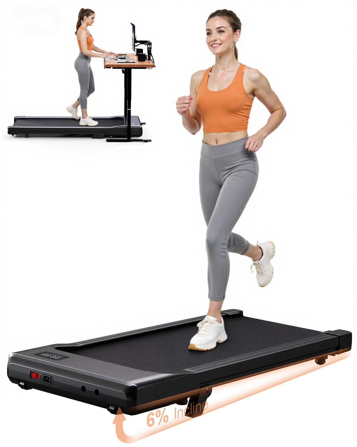 MJWW Walking Pad with 6% Incline, No-Assembly Under Desk Treadmill, 2.5 HP Quiet Motor, APP & Remote Control, LED Display, 300 lbs Capacity for Home/Office