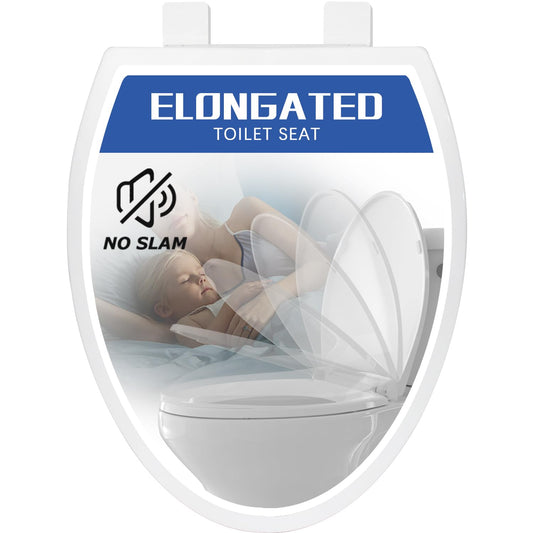 Elongated Toilet Seat, Not Round, Slow Close, White Plastic, 18.5”