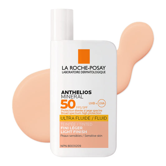 La Roche-Posay Face Sunscreen, Anthelios Tinted Mineral Ultra-Fluid SPF 50 Lotion UVA-UVB Sun Protection, Titanium Dioxide, 100% Mineral Filter, Fragrance Free, Water Resistant. Travel Size, 50ml