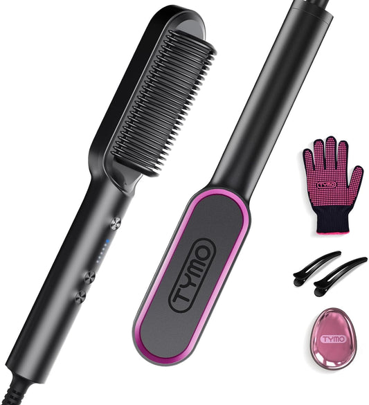 TYMO Hair Straightener Brush, Flat Iron & Comb 2 in 1 for Straightening, Anti-Scald Hot Comb, 5 Temp for All Hair Types, Straightening Brush for Women, Fast Finish with Smooth, Shiny, TYMO RING, Black - Available at All In One Marketplace Canada