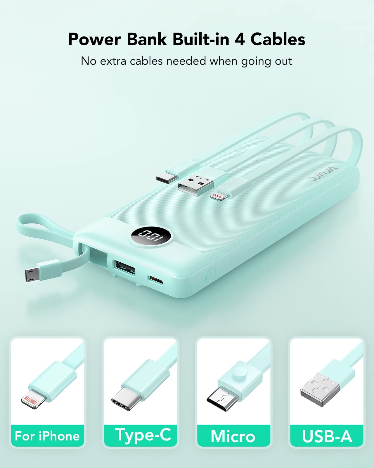 VRURC Portable Charger with Built-in Cables, 10000mAh Power Bank