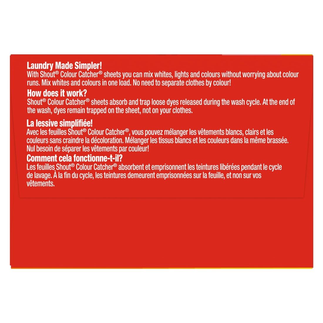 Shout Colour Catcher Dye-Trapping Sheets for Laundry, Allow Mixed Washes, Prevent Color Runs and Maintain Original Clothing, 72 Count - Available at All In One Marketplace Canada