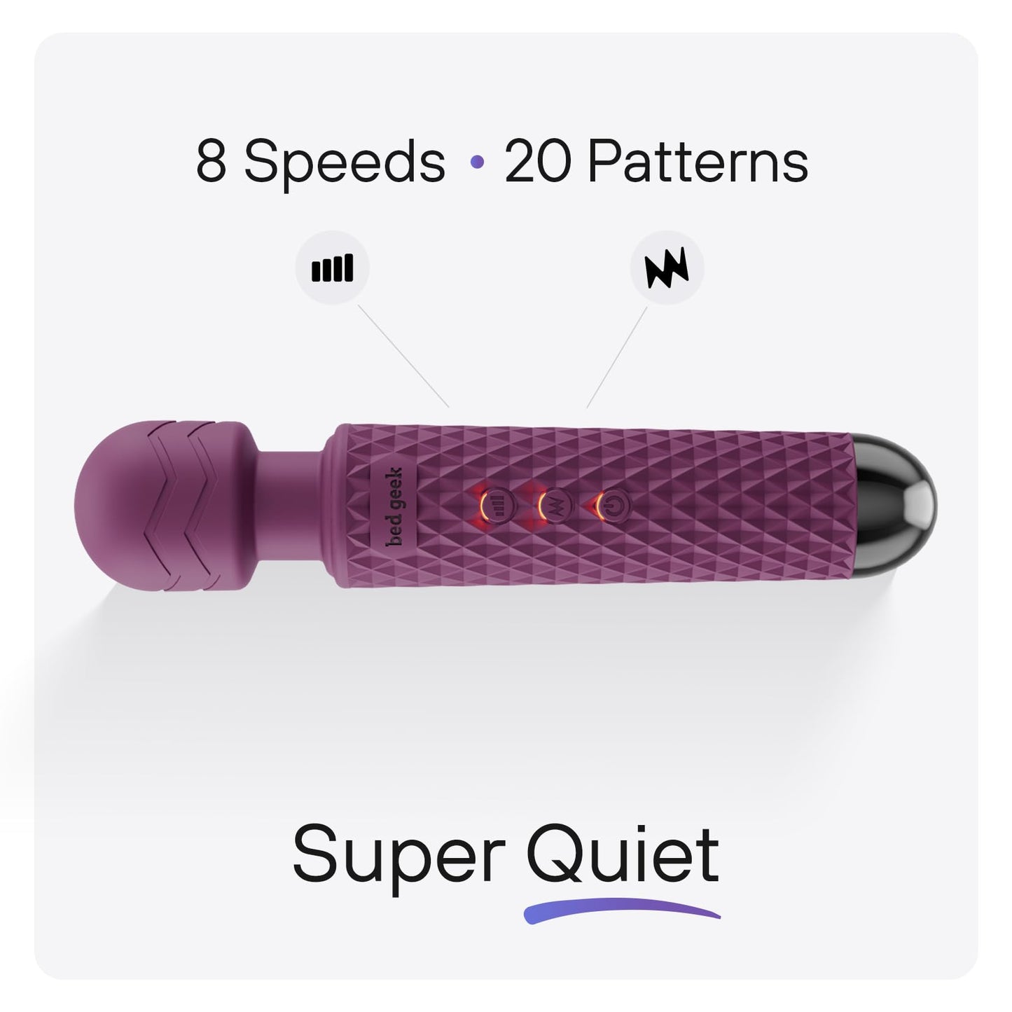 bed geek Handheld Cordless Personal Wand Massager – Waterproof, USB Rechargeable, 20 Vibration Patterns, 8 Speeds, Memory Feature, Skin-Soft Silicone for Ultimate Relaxation Tool (Purple) - Available at All In One Marketplace Canada