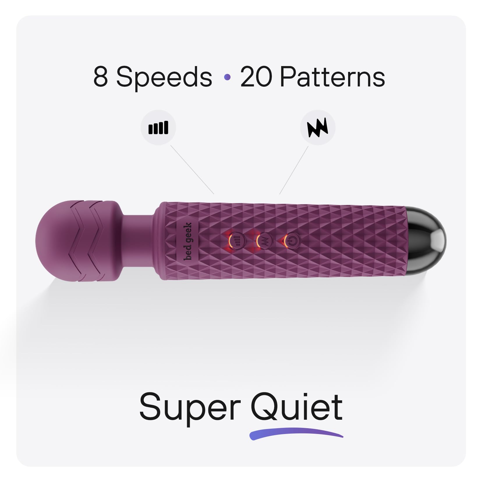 bed geek Handheld Cordless Personal Wand Massager – Waterproof, USB Rechargeable, 20 Vibration Patterns, 8 Speeds, Memory Feature, Skin-Soft Silicone for Ultimate Relaxation Tool (Purple) - Available at All In One Marketplace Canada