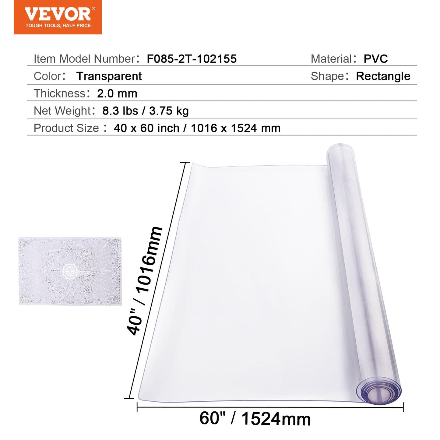 VEVOR Plastic Table Cover, 40 x 60 Inch 2.0 mm Thick Clear Table Protector, Rectangle PVC Desk Mat, Waterproof & Easy Cleaning Desk Pad Tablecloth, for Office Dresser Dining Room Table Night Stand VEVOR