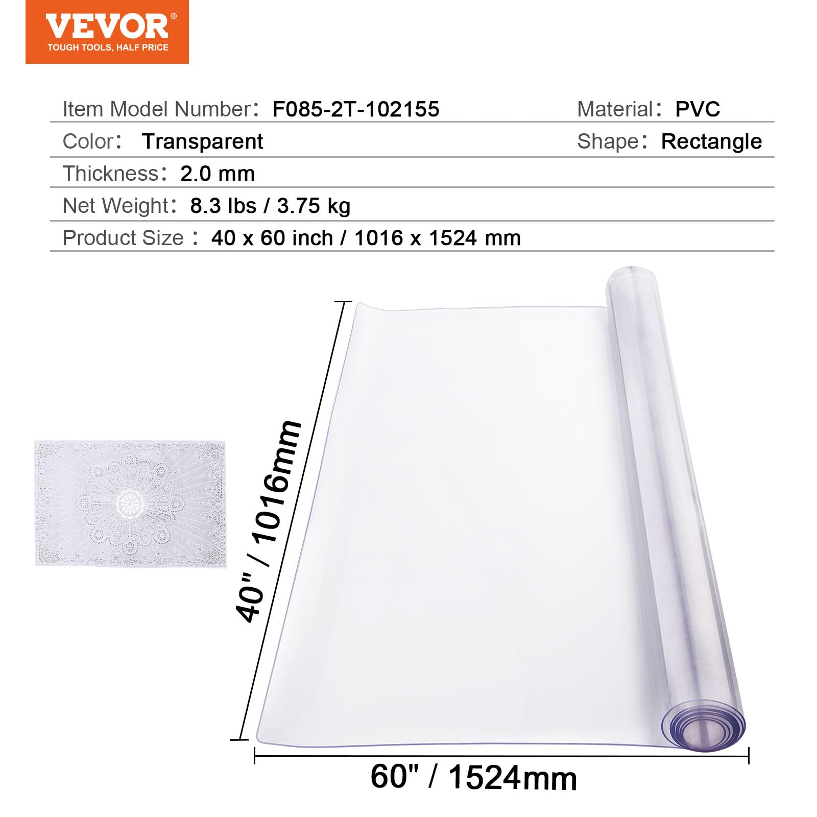VEVOR Plastic Table Cover, 40 x 60 Inch 2.0 mm Thick Clear Table Protector, Rectangle PVC Desk Mat, Waterproof & Easy Cleaning Desk Pad Tablecloth, for Office Dresser Dining Room Table Night Stand VEVOR