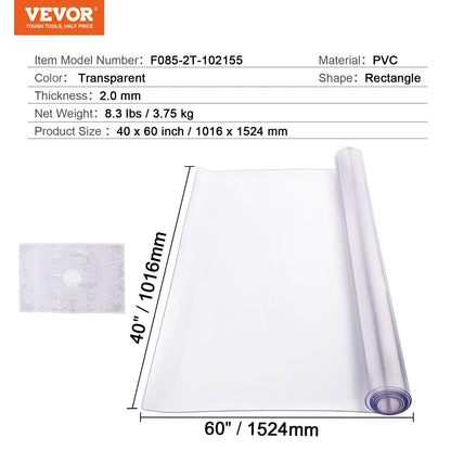 VEVOR Plastic Table Cover, 40 x 60 Inch 2.0 mm Thick Clear Table Protector, Rectangle PVC Desk Mat, Waterproof & Easy Cleaning Desk Pad Tablecloth, for Office Dresser Dining Room Table Night Stand VEVOR