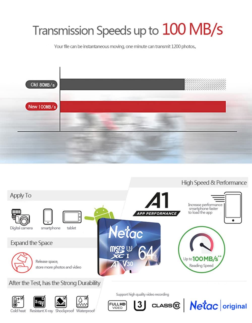Netac 64GB 2 Pack Micro SD Card Speed up to 100MB/s for Action Cameras, Drones, Smartphones and Tablets, Memory Card SDXC UHS-I C10/U3/V30/A1 EXFAT