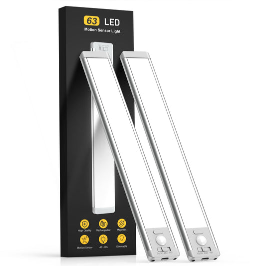 MCGOR Under Cabinet Lighting, 14.7" Rechargeable Motion Sensor Light Indoor, 2 Pack Magnetic Dimmable Closet Lights, Wireless Under Counter Lights for Kitchen, Stairs,Hallway