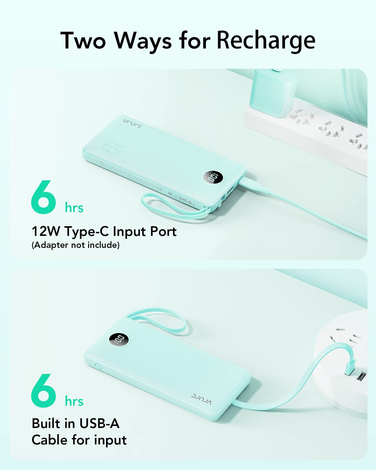 VRURC Portable Charger with Built-in Cables, 10000mAh Power Bank