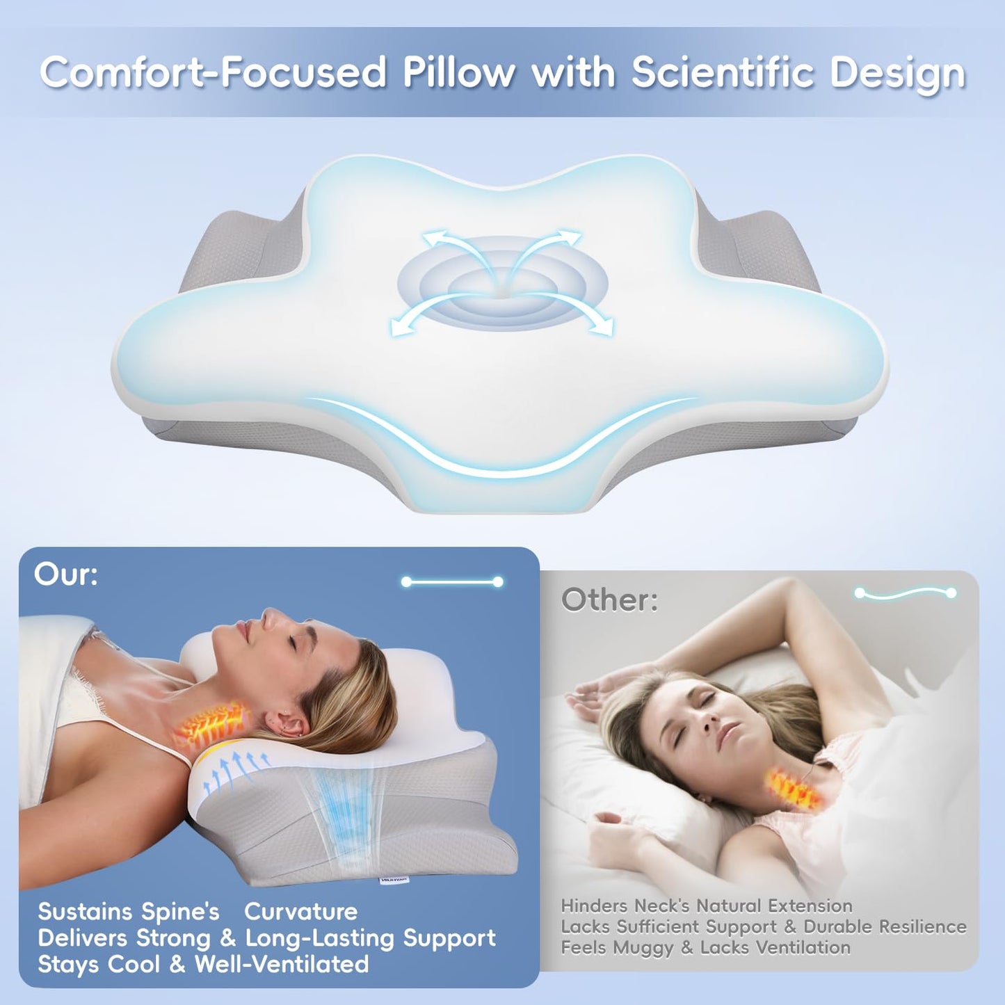 Missleep Cervical Neck Pillow,Memory Foam Pillows for Relieving Neck and Shoulder Pain, Neck Support Pillow for Side Sleepers, 2 Heights Ergonomic Pillow with Breathable Ice Silk Cover White