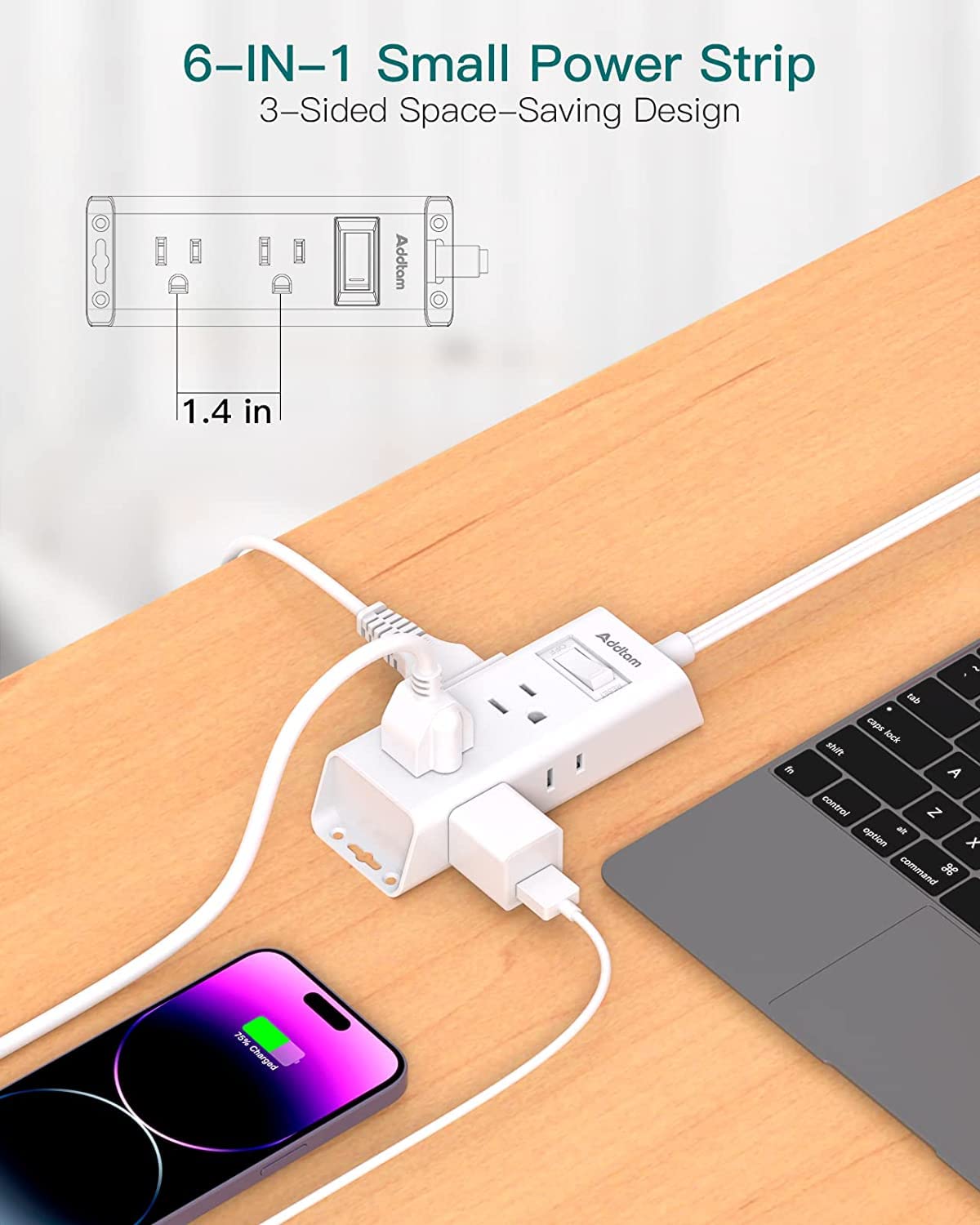 Travel Essentials - Flat Plug Power Bar, Addtam 5 ft Ultra Flat Extension Cord with 6 Outlets Extender, Multi Plug Outlet with No Surge Protector for Cruise Ship, Dorm Room, Home and Office Essentials