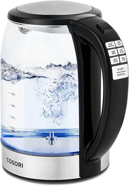 Cosori Electric Kettle, 6 Temperature Presets, 1.7L Glass Tea Kettle, Black