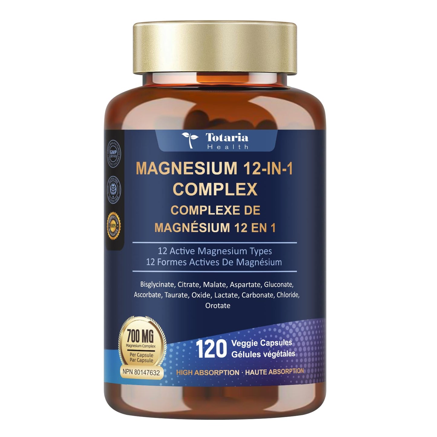 Totaria Magnesium Complex 700mg 12 in 1 Magnesium Supplement with Glycinate Citrate Malate Oxide Taurate Aspartate Orotate Magnesium Relaxation,Muscle,Heart Support, Vegan 120 Capsules - Available at All In One Marketplace Canada