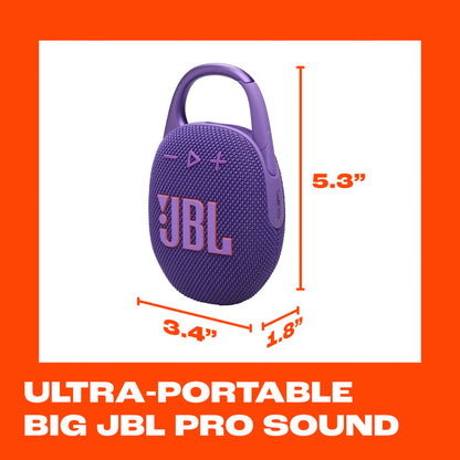 JBL Clip 5 - Ultra-Portable, Waterproof and Dustproof Bluetooth Speaker, Integrated Carabiner, Up to 12 Hours of Play, Made in Part with Recycled Materials (Purple)