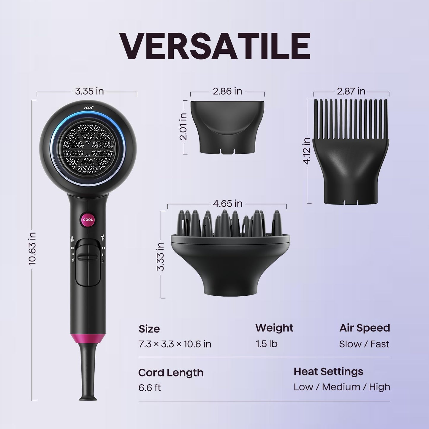 Wavytalk Hair Dryer with Diffuser, Blown Away Ionic Hair Dryer for Curly Hair, 1875W Fast Drying Blow Dryer with Ceramic Technology, 3 Attachments for All Hair Types, Light and Quiet, Muted Black - Available at All In One Marketplace Canada