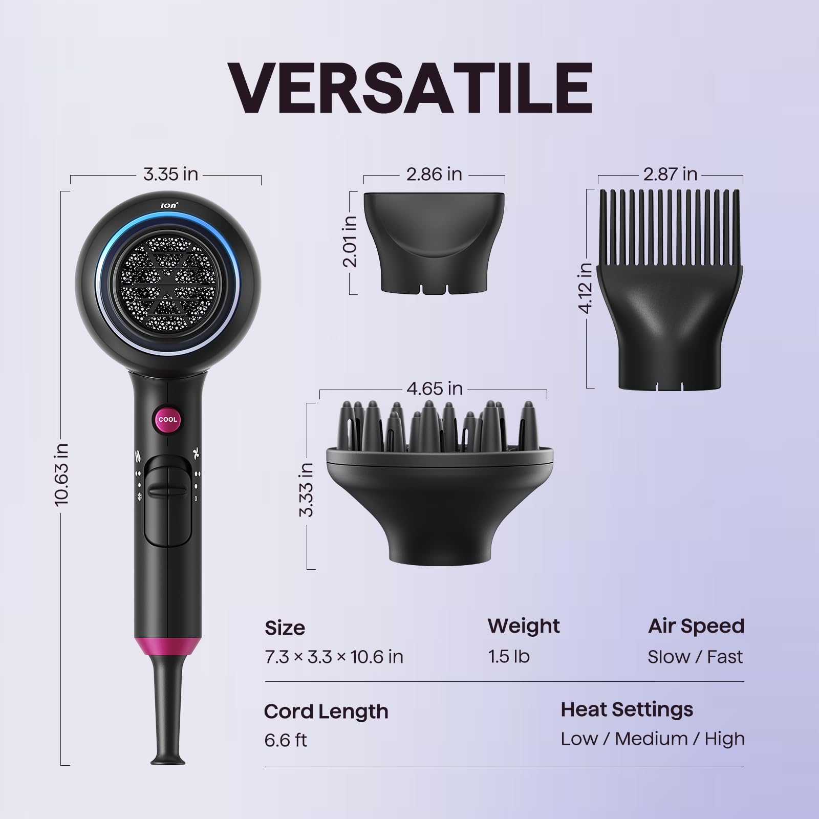 Wavytalk Hair Dryer with Diffuser, Blown Away Ionic Hair Dryer for Curly Hair, 1875W Fast Drying Blow Dryer with Ceramic Technology, 3 Attachments for All Hair Types, Light and Quiet, Muted Black - Available at All In One Marketplace Canada
