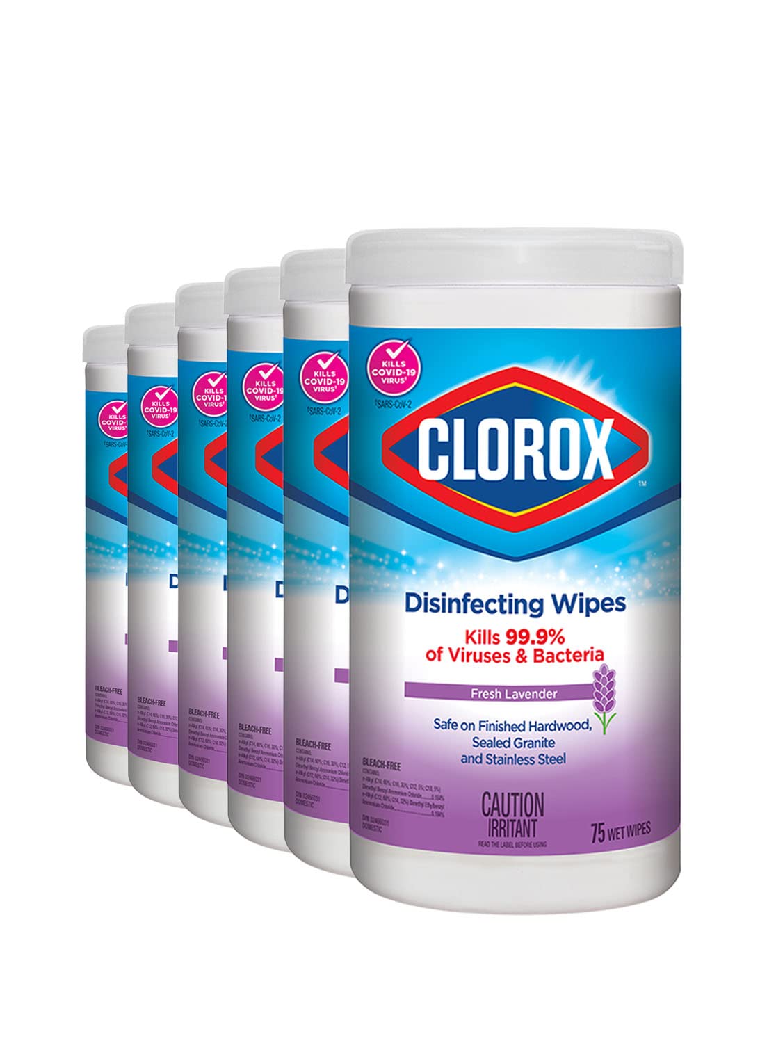 Clorox® Disinfecting Wipes, Fresh Lavender, Kills 99.99% of Viruses & Bacteria, Multi-Pack of 6 - (6 x 75) 450 Wipes