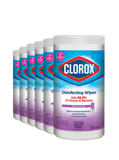 Clorox® Disinfecting Wipes, Fresh Lavender, Kills 99.99% of Viruses & Bacteria, Multi-Pack of 6 - (6 x 75) 450 Wipes