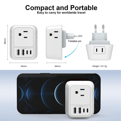 VYLEE Travel Plug Adapter, International Plug Adapter with 4 AC Outlets 4 USB Ports(2 USB C), Travel Adapter Type C Travel Essentials for US to Most Europe France Germany Italy Spain [1 Pack]