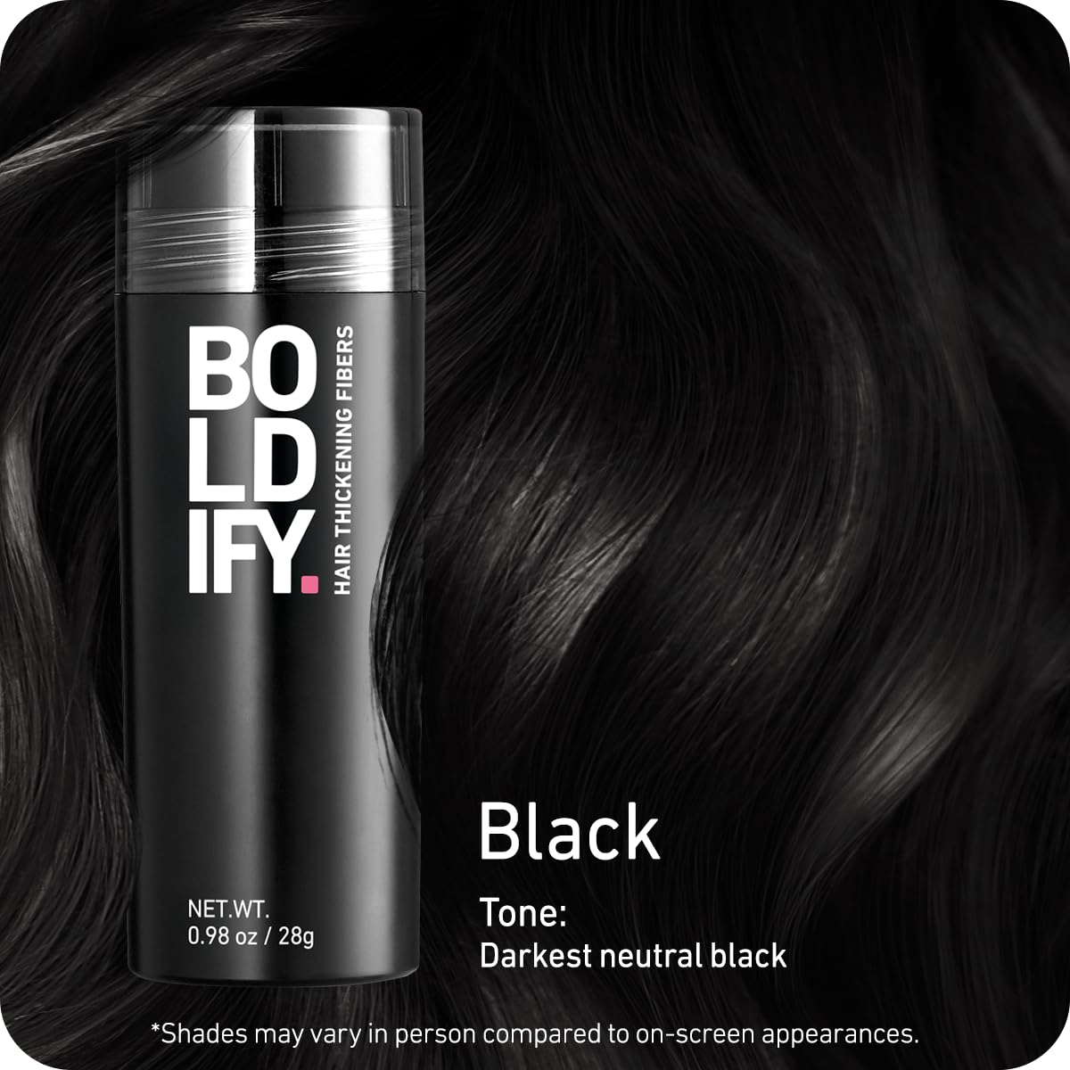 BOLDIFY Hair Fibers (28g) - Fill In Thinning and Fine Hair for an Instantly Fuller, Thicker Look - 14 Shades for Women & Men - Black - Available at All In One Marketplace Canada