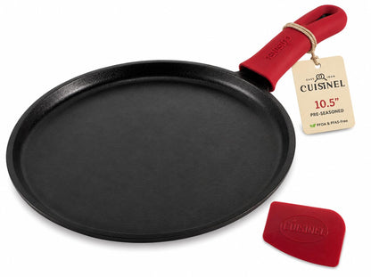 Cast Iron Round Griddle - 10.5”-Inch Crepe Maker Pan + Silicone Handle Cover - Pre-Seasoned Comal for Tortillas Flat Skillet - Dosa Tawa Roti Grill - Oven, Stovetop, BBQ, Fire, Smoker, Induction Safe