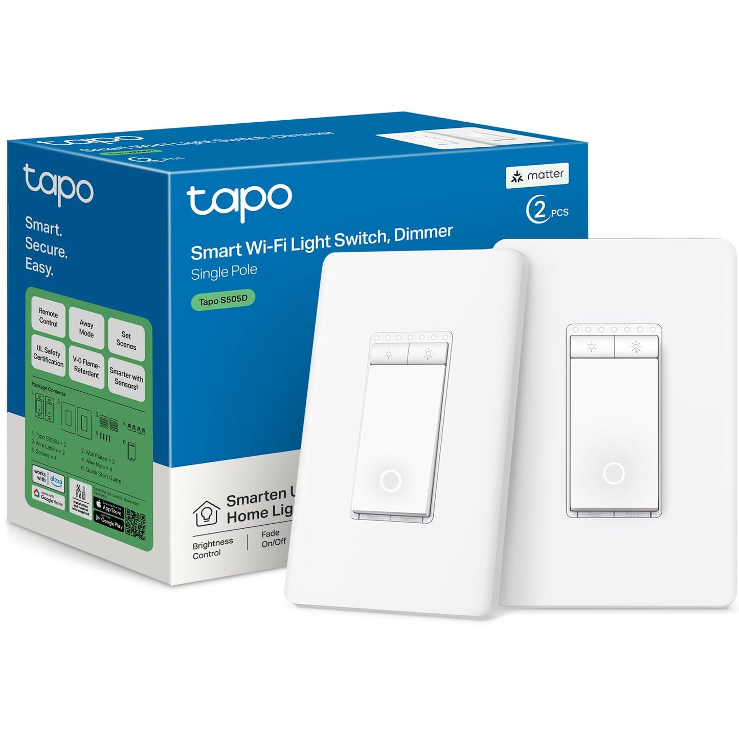 TP-Link Tapo Matter Smart Dimmer Switch: Voice Control w/Siri, Alexa & Google Assistant, UL Certified, Timer & Schedule, Easy Guided Install, Neutral Wire Required, Single Pole, Tapo S505D(2-Pack) Tapo