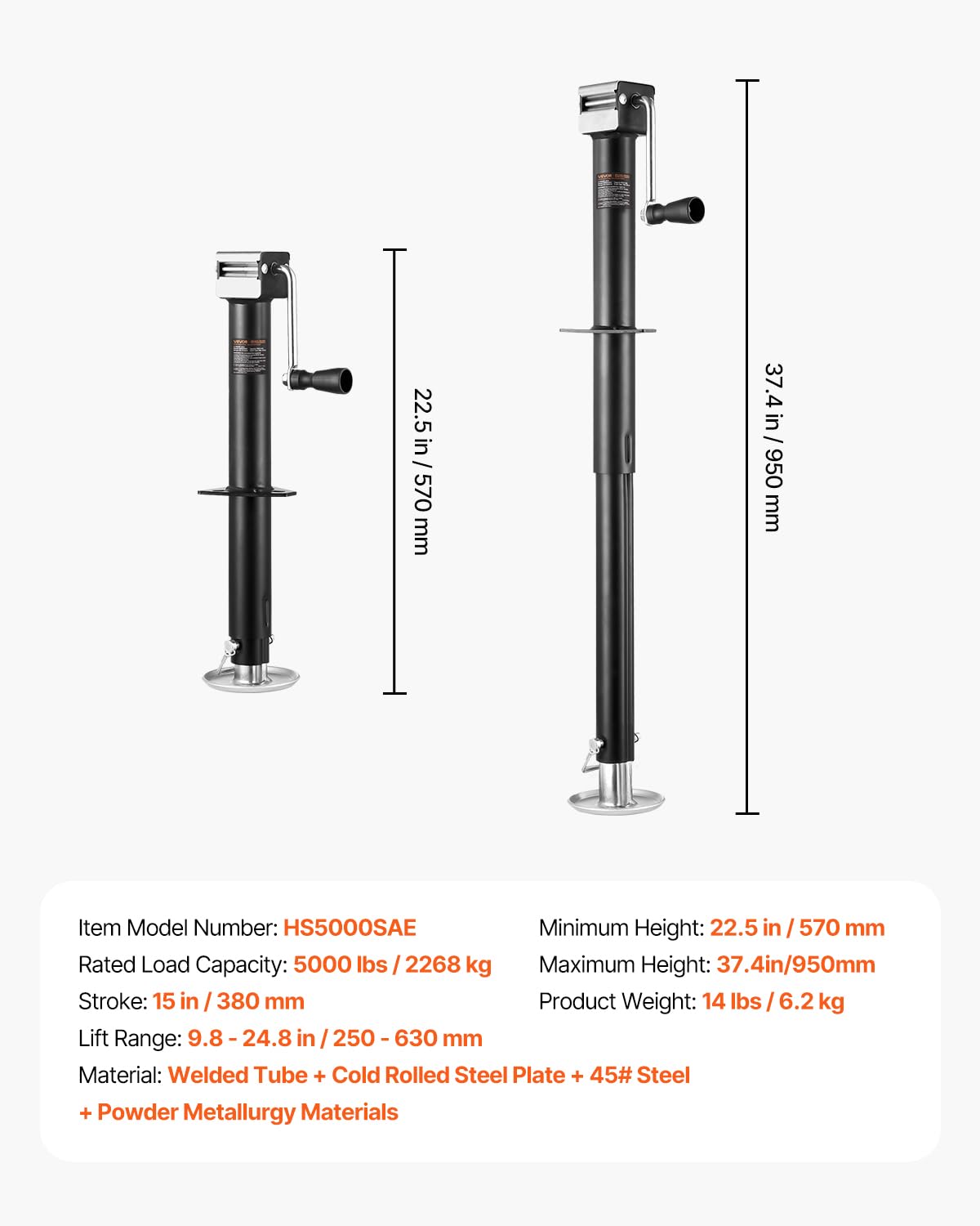 VEVOR A-Frame Trailer Jack, 5000 lbs Dynamic Load Capacity, Trailer Jack Stand with Handle & Rectangular Footpad, 15-inch Vertical Travel, Suitable for RV, Horse, Utility Trailers, Yacht Trailers VEVOR