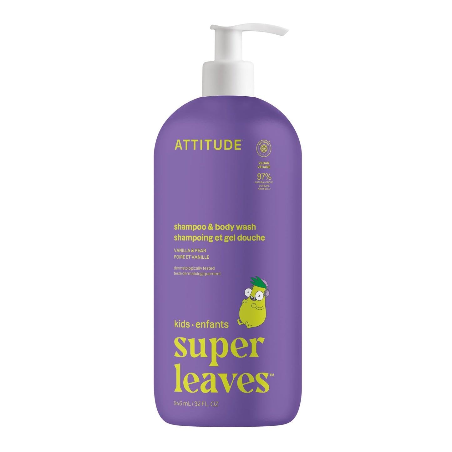 ATTITUDE Shampoo and Body Wash for Kids, Made in Canada, EWG Verified Hair and Body Cleanser, Dermatologically Tested Soap, Plant and Mineral Based Bath Products, Vegan, Vanilla & Pear, 946 mL