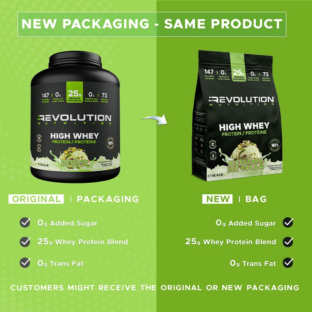 Revolution Nutrition, High Whey, Protein Powder 6LB bag, Whey Protein, Gluten Free, 25g of Protein Per Scoop, 2.7kg, 73 Servings (Pistachio Ice Cream, 6 Pound Bag)