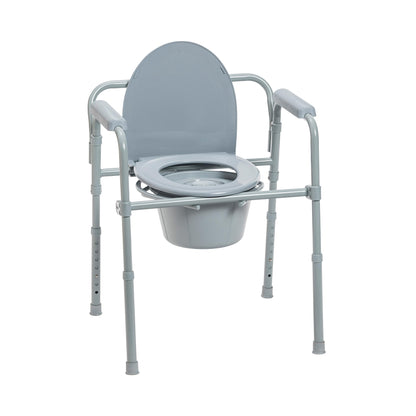 Drive Medical 11148-1 Folding Steel Bedside Commode Chair, Portable Toilet, Supports Bariatric Individuals up to 350 lbs, with 7.5 qt Bucket and 13.5 inch Seat, Grey