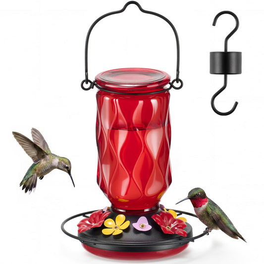 Kingsyard Glass Hummingbird Feeder for Outdoors Hanging, 20 oz Leak-Proof Hummingbird Feeders with 9 Bee Proof Feeding Ports & Ant Moat, Easy to Clean and Refill (Red)