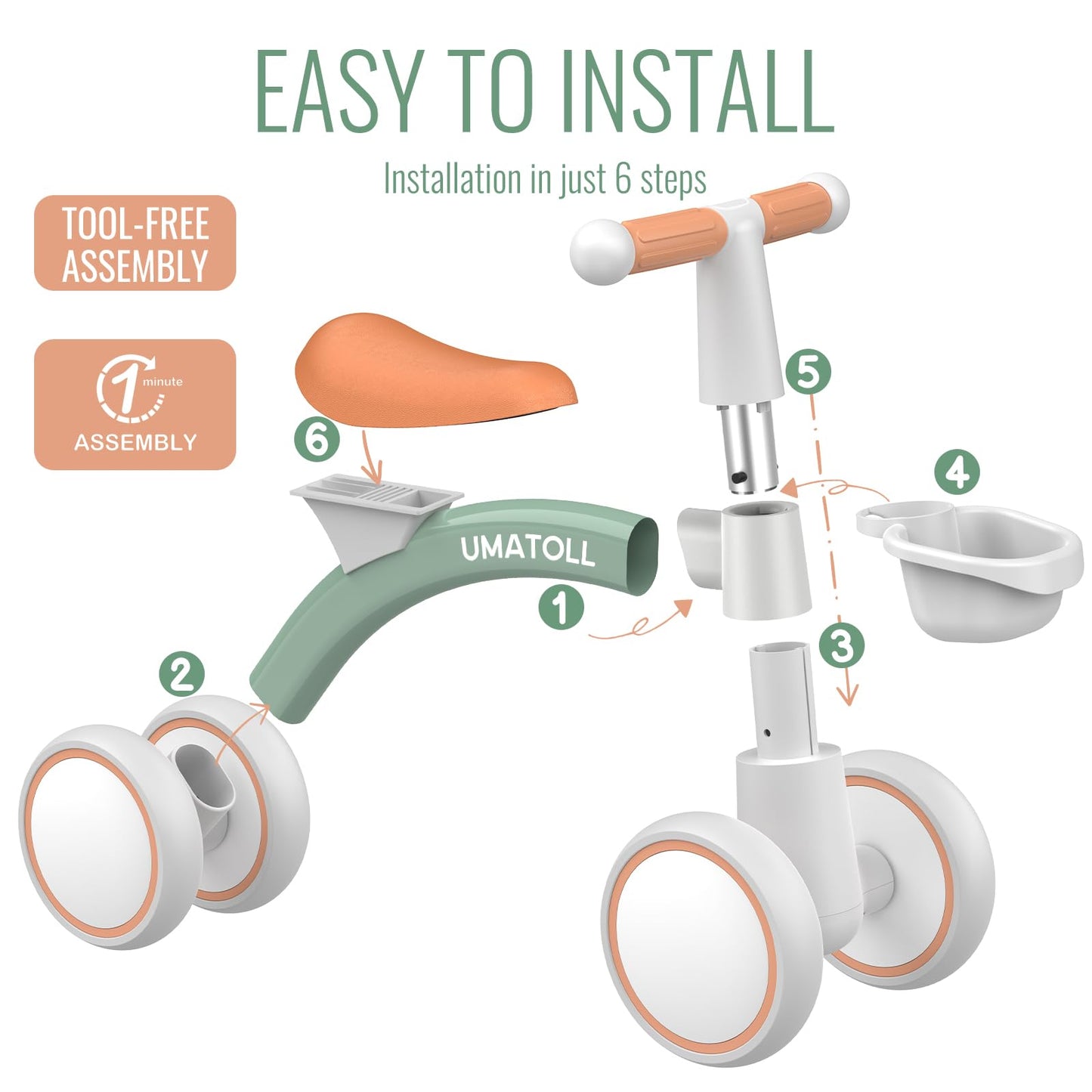Umatoll Baby Balance Bike Toys for 1 Year Old Boys Girls Gifts, Adjustable Seat Baby Walker, First Birthday Gifts, 12-24 Months Toddler Ride on Toys with Removable Basket, Green