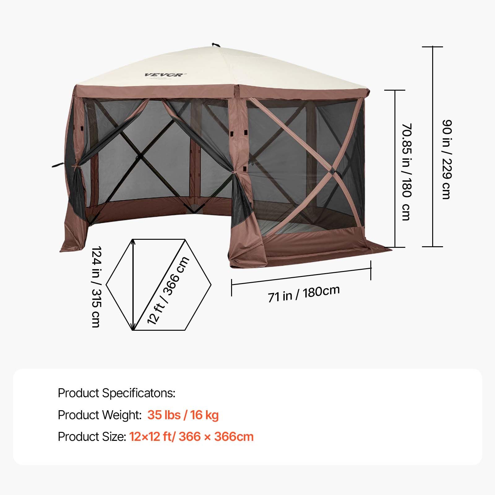 VEVOR Camping Gazebo Tent, 12'x12', 6 Sided Pop-up Canopy Screen Tent for 8 Person Camping, IPX3 Water-Resistant Screen Shelter w/Portable Storage Bag, Ground Stakes, Mesh Windows, Brown & Beige