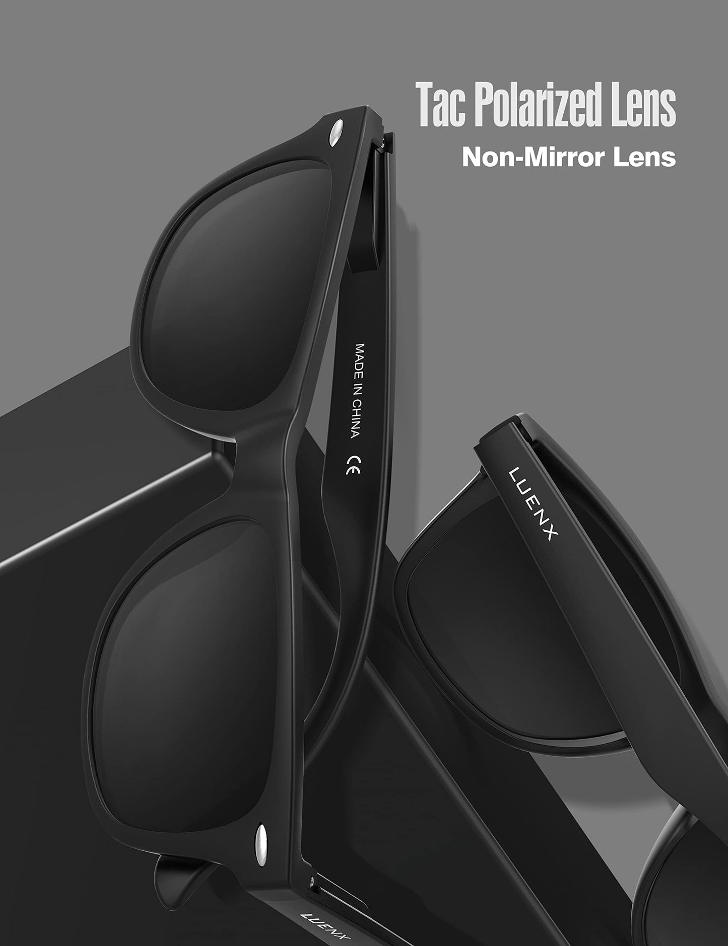 LUENX Polarized Sunglasses for Men Women UV400 Protection Non-mirrored Black Lens Matte Black Square Frame 54MM