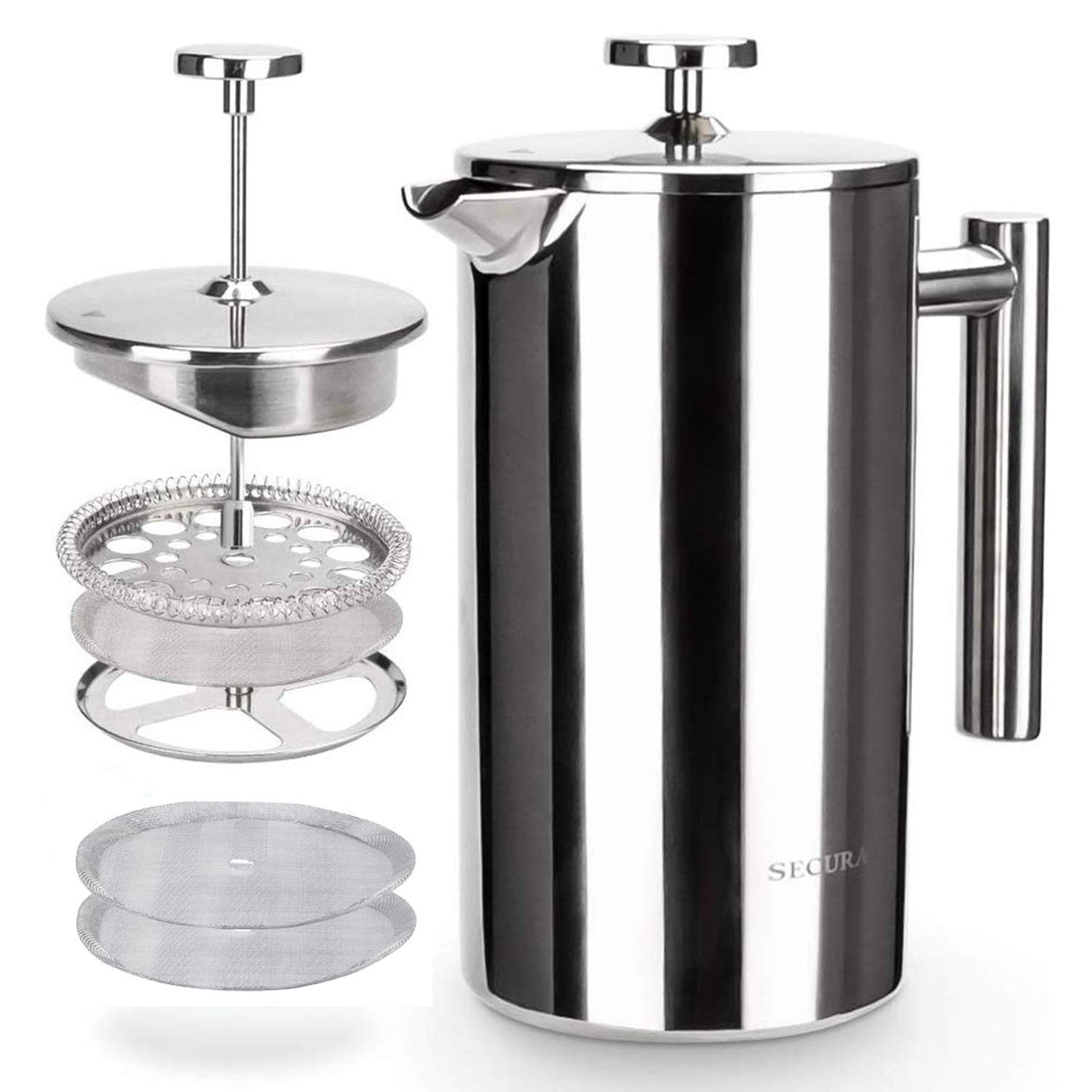 Secura French Press Coffee Maker, 304 Grade Stainless Steel Insulated Coffee Press with 2 Extra Screens, 34oz (1 Litre), Silver - Available at All In One Marketplace Canada