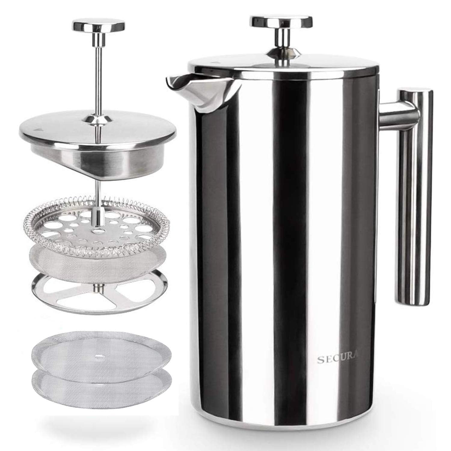Secura French Press Coffee Maker, 304 Grade Stainless Steel Insulated Coffee Press with 2 Extra Screens, 34oz (1 Litre), Silver - Available at All In One Marketplace Canada